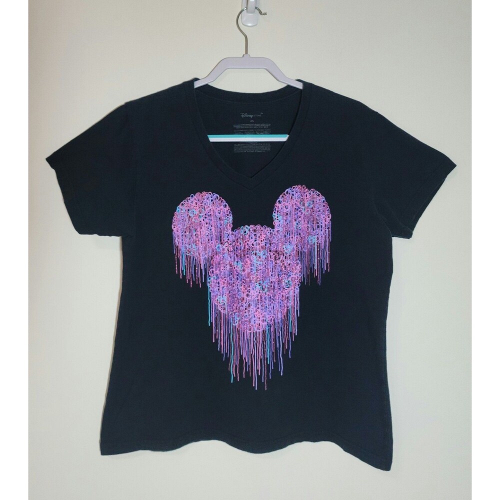 Disney Womens Organic Cotton Short Sleeve T-Shirt Black Purple Glitter Mouse 2XL